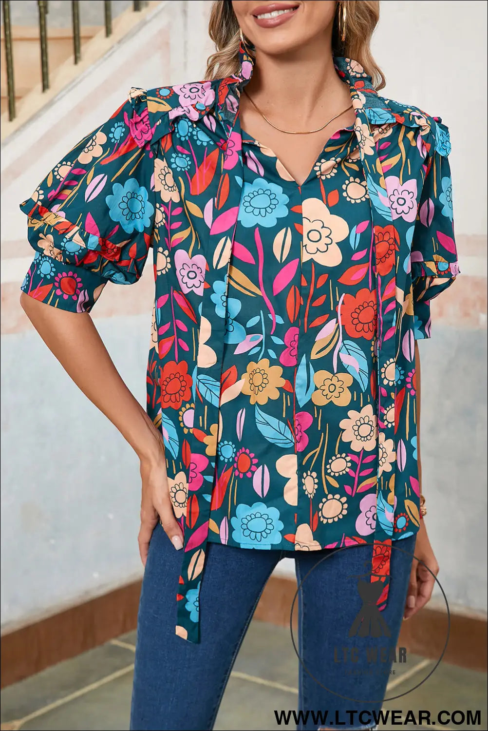 Green 60s floral print puff sleeve tied v neck blouse - 30%