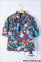 Green 60s floral print puff sleeve tied v neck blouse - 30%