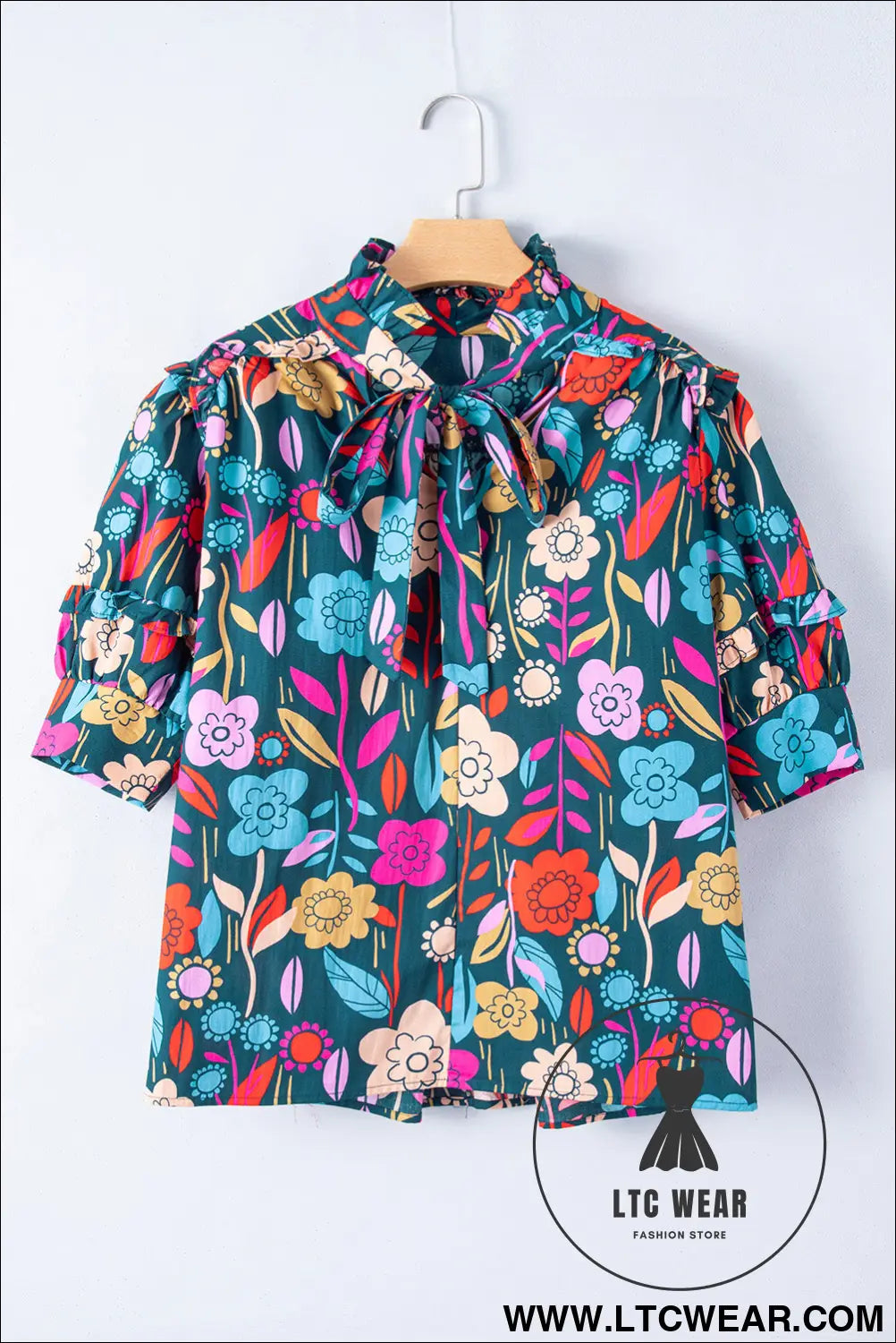 Green 60s floral print puff sleeve tied v neck blouse - 30%