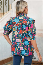Green 60s floral print puff sleeve tied v neck blouse - 30%