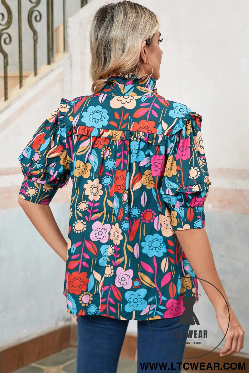 Green 60s floral print puff sleeve tied v neck blouse - 30%