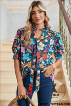 Green 60s floral print puff sleeve tied v neck blouse - 30%