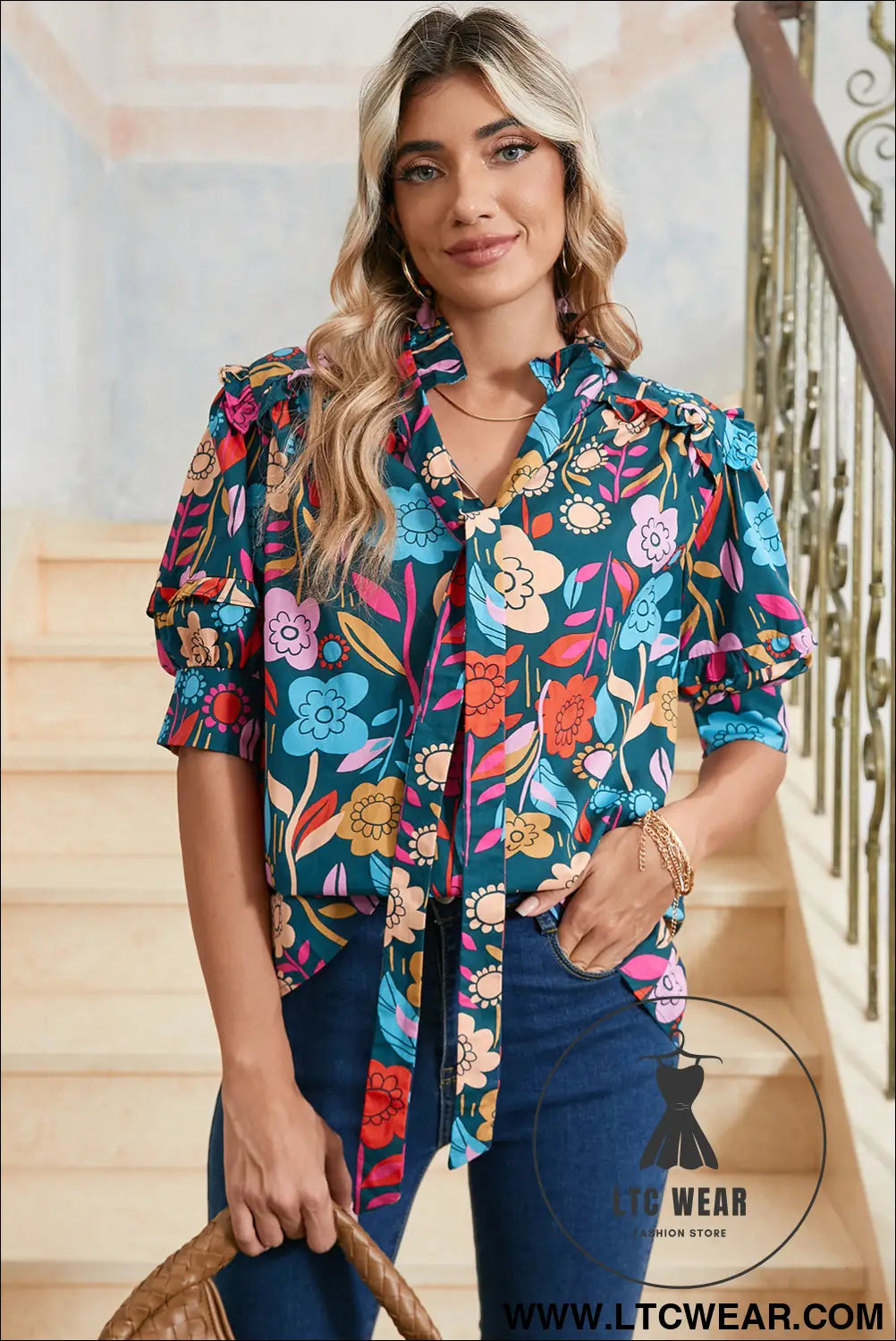 Green 60s floral print puff sleeve tied v neck blouse - 30%