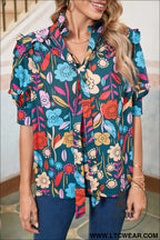 Green 60s floral print puff sleeve tied v neck blouse - 30%