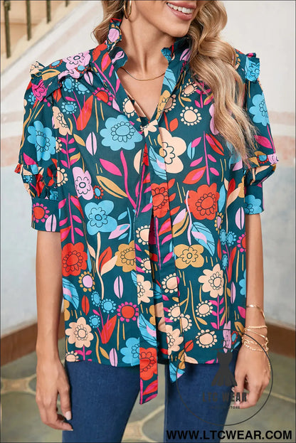 Green 60s floral print puff sleeve tied v neck blouse - 30%