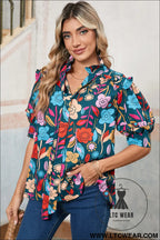 Green 60s floral print puff sleeve tied v neck blouse - 30%
