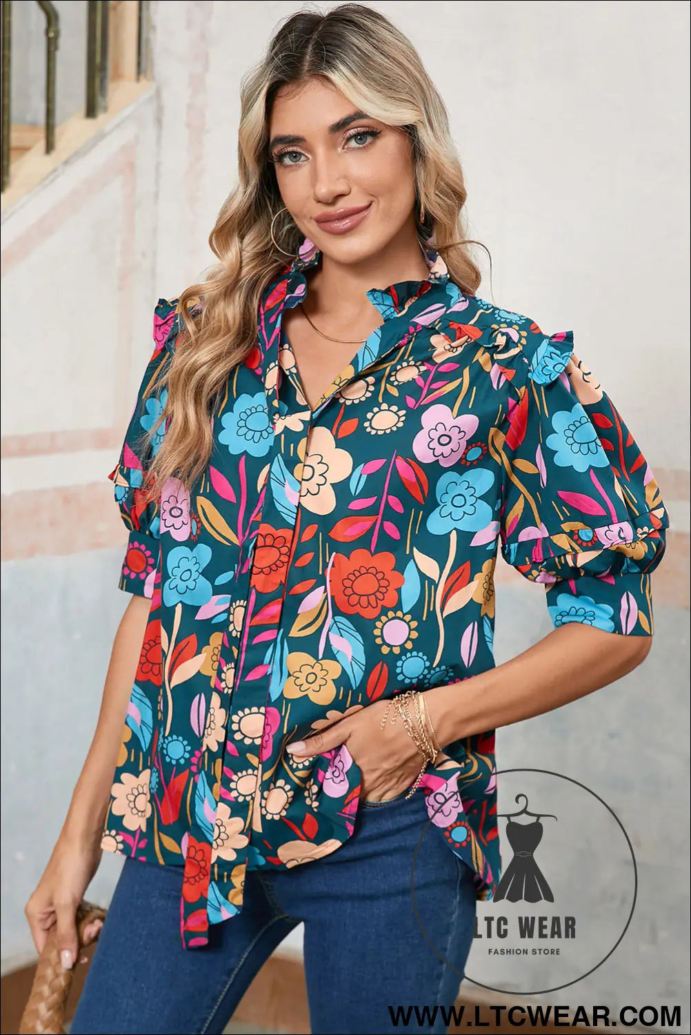 Green 60s floral print puff sleeve tied v neck blouse - 30%