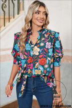 Green 60s floral print puff sleeve tied v neck blouse - 30%
