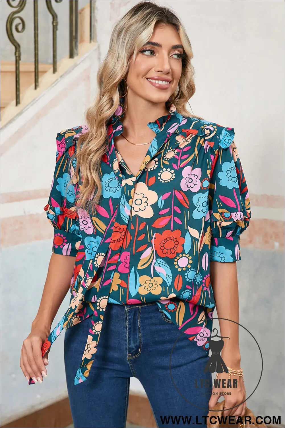 Green 60s floral print puff sleeve tied v neck blouse - 30%