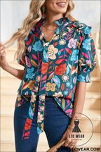 Green 60s floral print puff sleeve tied v neck blouse - green / l / 100% cotton - 30%