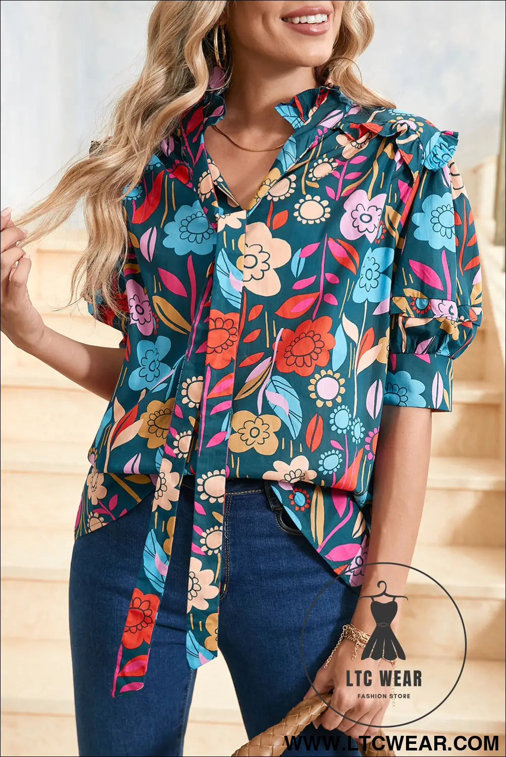 Green 60s floral print puff sleeve tied v neck blouse - green / l / 100% cotton - 30%