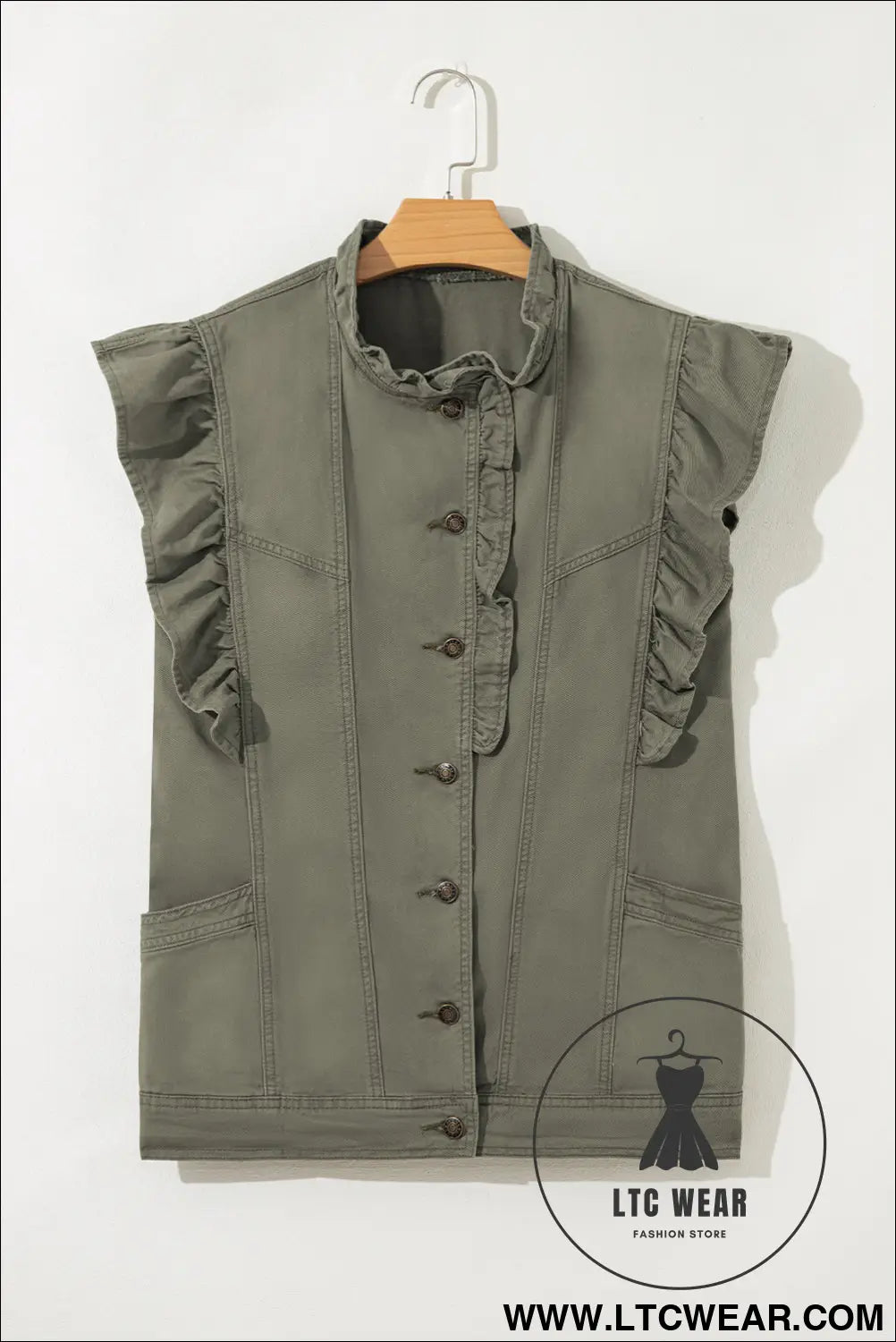 Green bay ruffle plain denim jacket vest - jackets