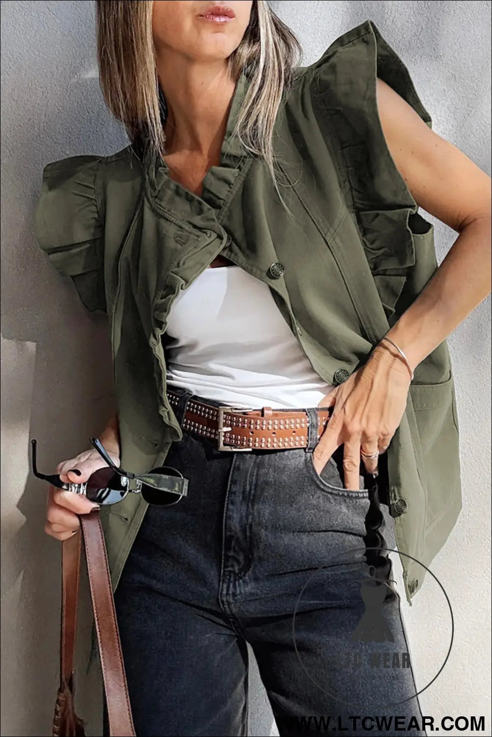 Green bay ruffle plain denim jacket vest - jackets
