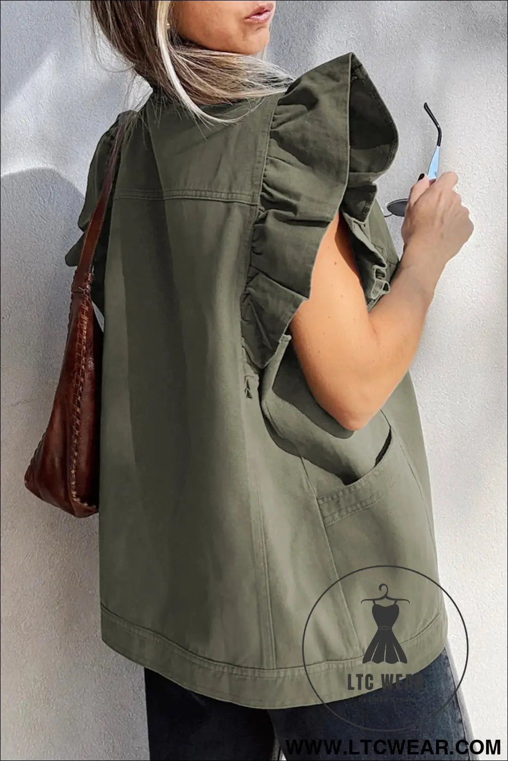 Green bay ruffle plain denim jacket vest - jackets