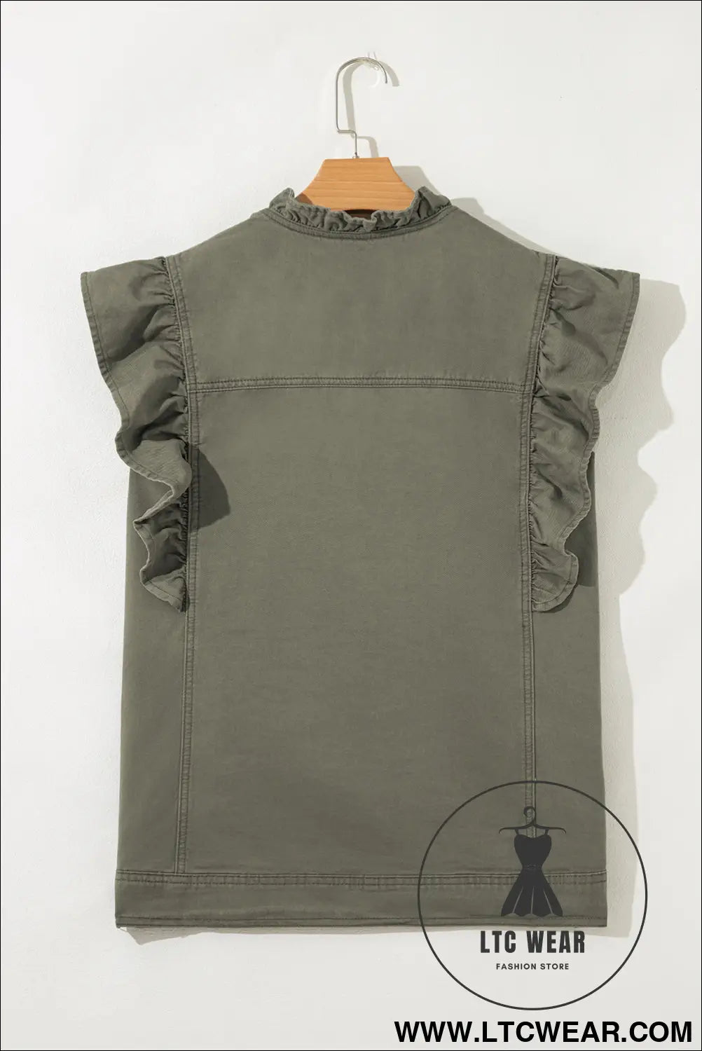 Green bay ruffle plain denim jacket vest - jackets