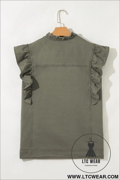 Green bay ruffle plain denim jacket vest - jackets