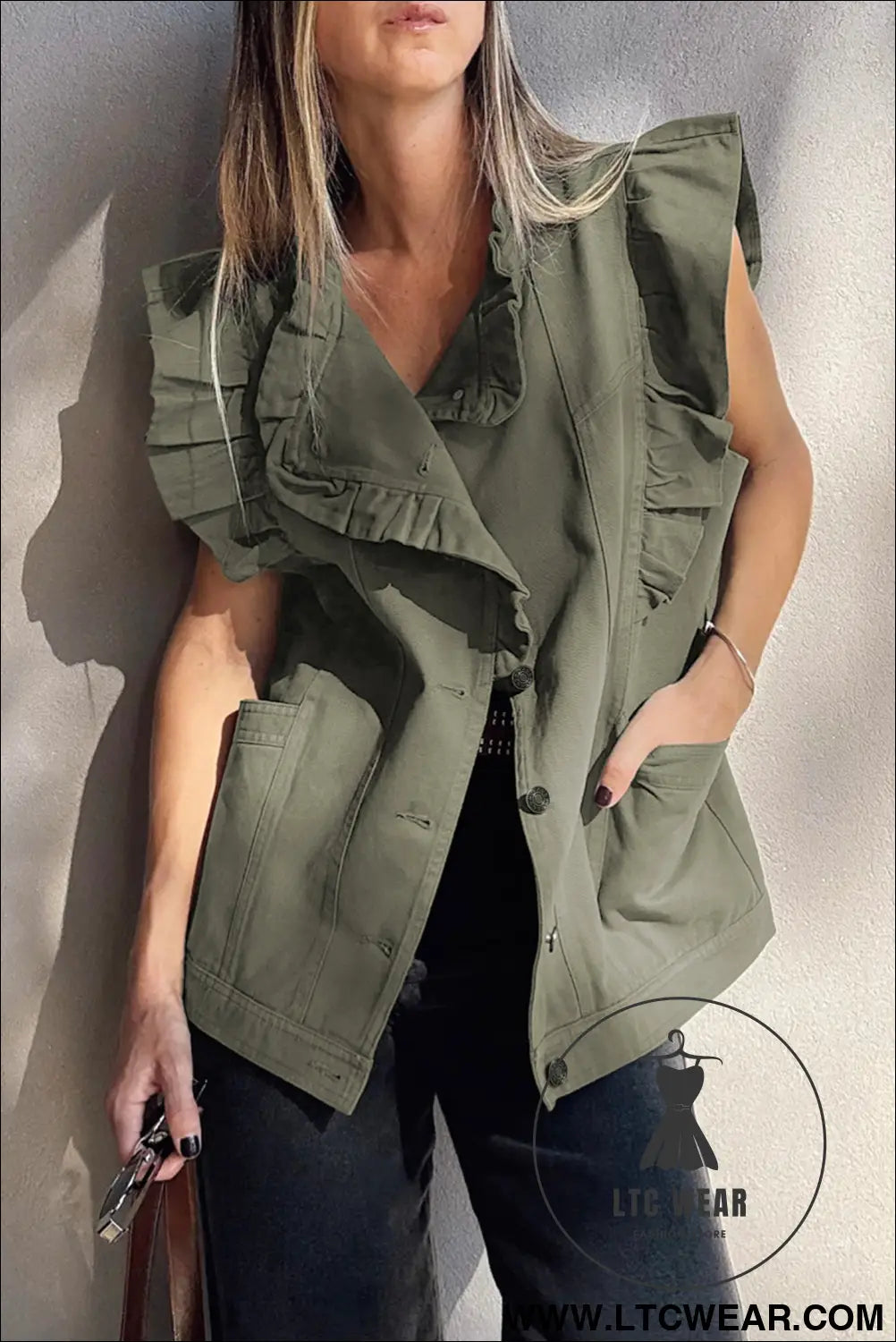 Green bay ruffle plain denim jacket vest - jackets