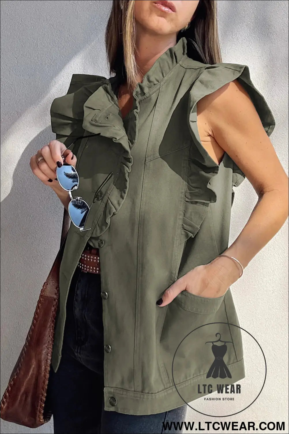 Green bay ruffle plain denim jacket vest - jackets