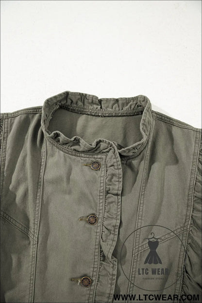 Green bay ruffle plain denim jacket vest - jackets