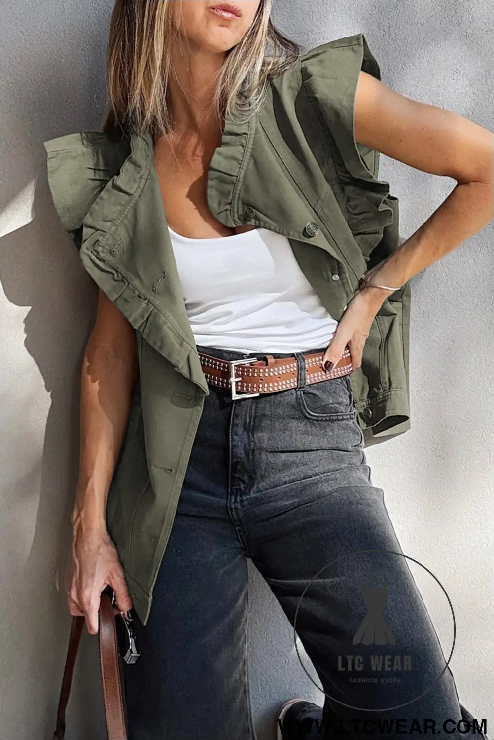 Green bay ruffle plain denim jacket vest - green bay / l / 100% cotton - jackets