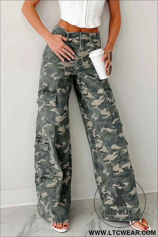 Green Camo Multi Pocket Cargo Wide Leg Jeans