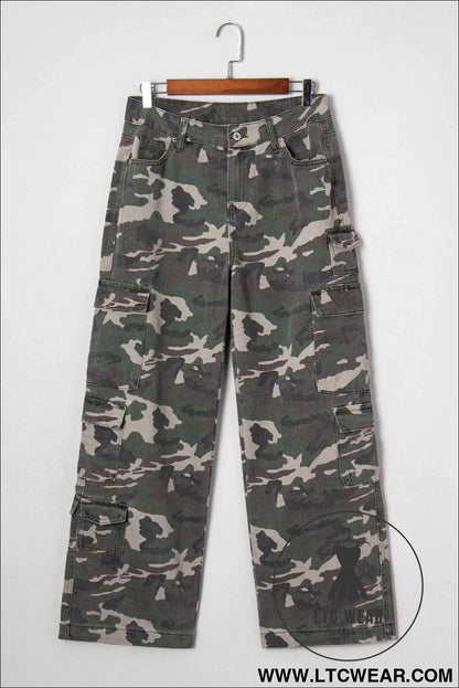 Green Camo Multi Pocket Cargo Wide Leg Jeans