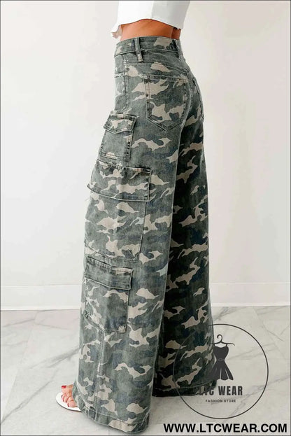 Green Camo Multi Pocket Cargo Wide Leg Jeans