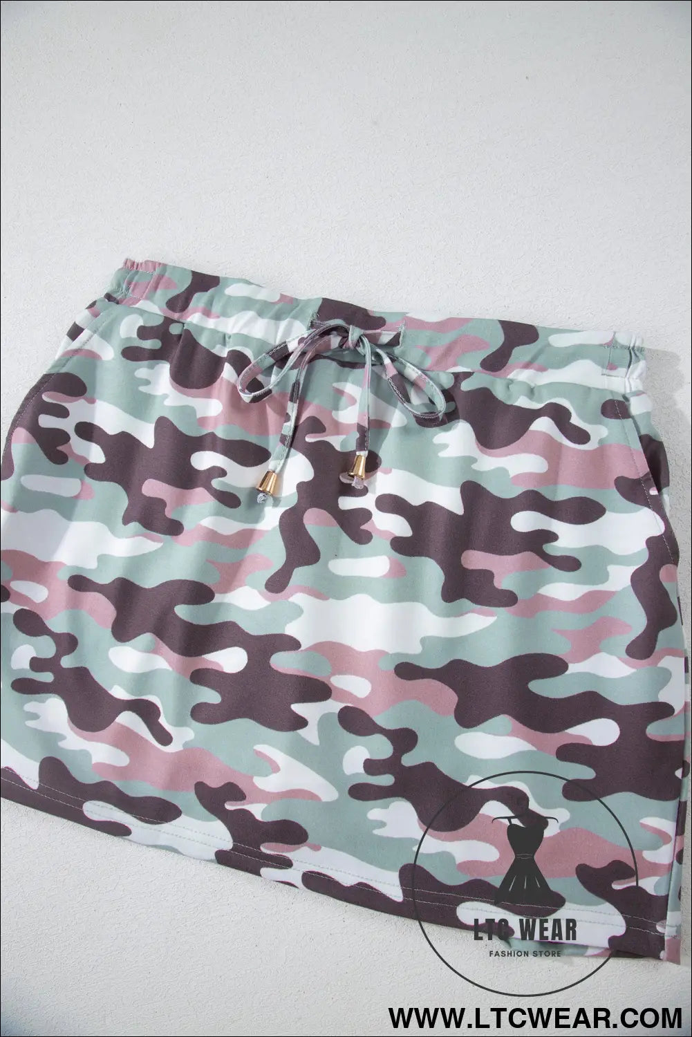 Green camouflage print drawstring casual mini skort - skirts & petticoat