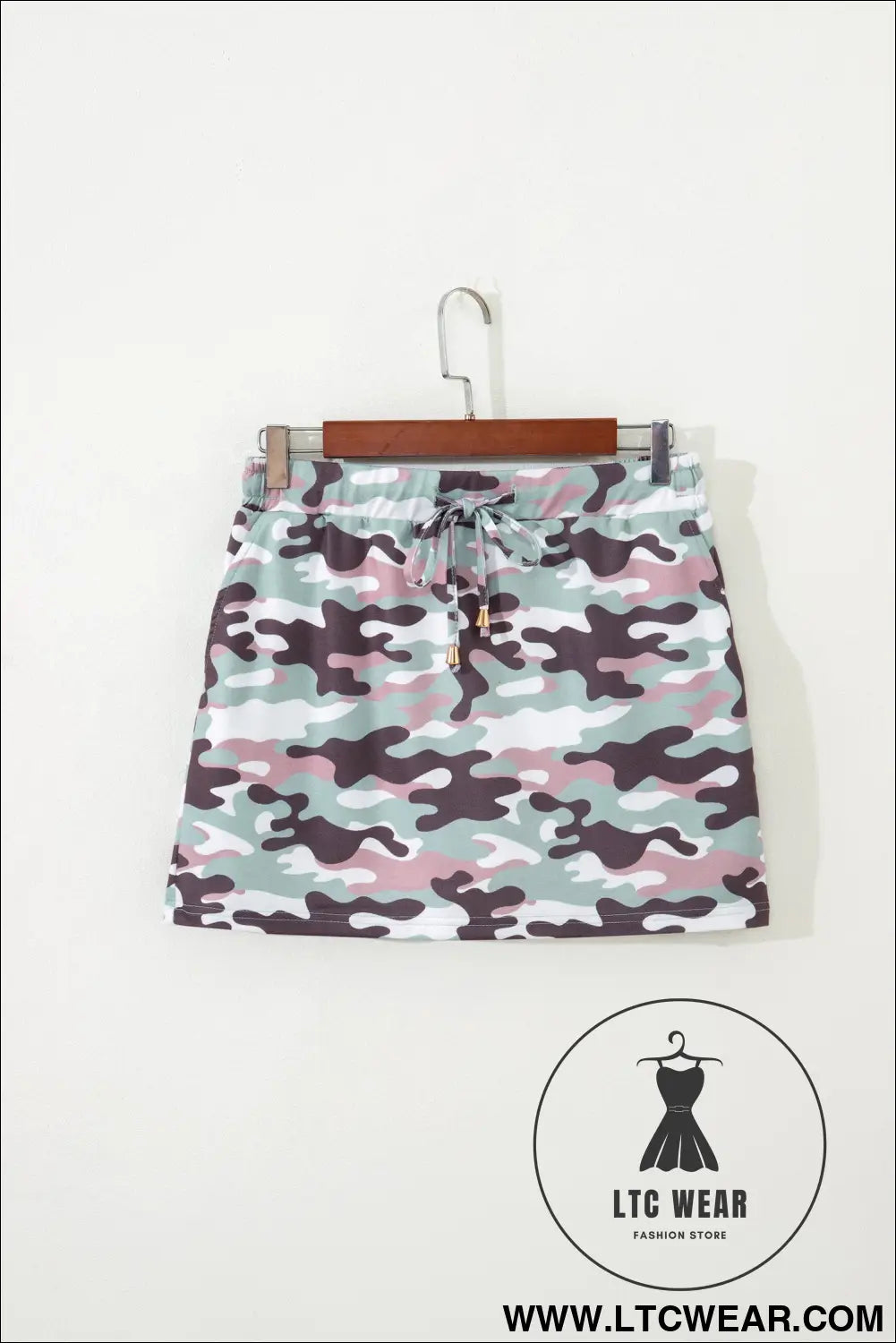 Green camouflage print drawstring casual mini skort - skirts & petticoat