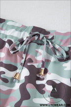Green camouflage print drawstring casual mini skort - skirts & petticoat