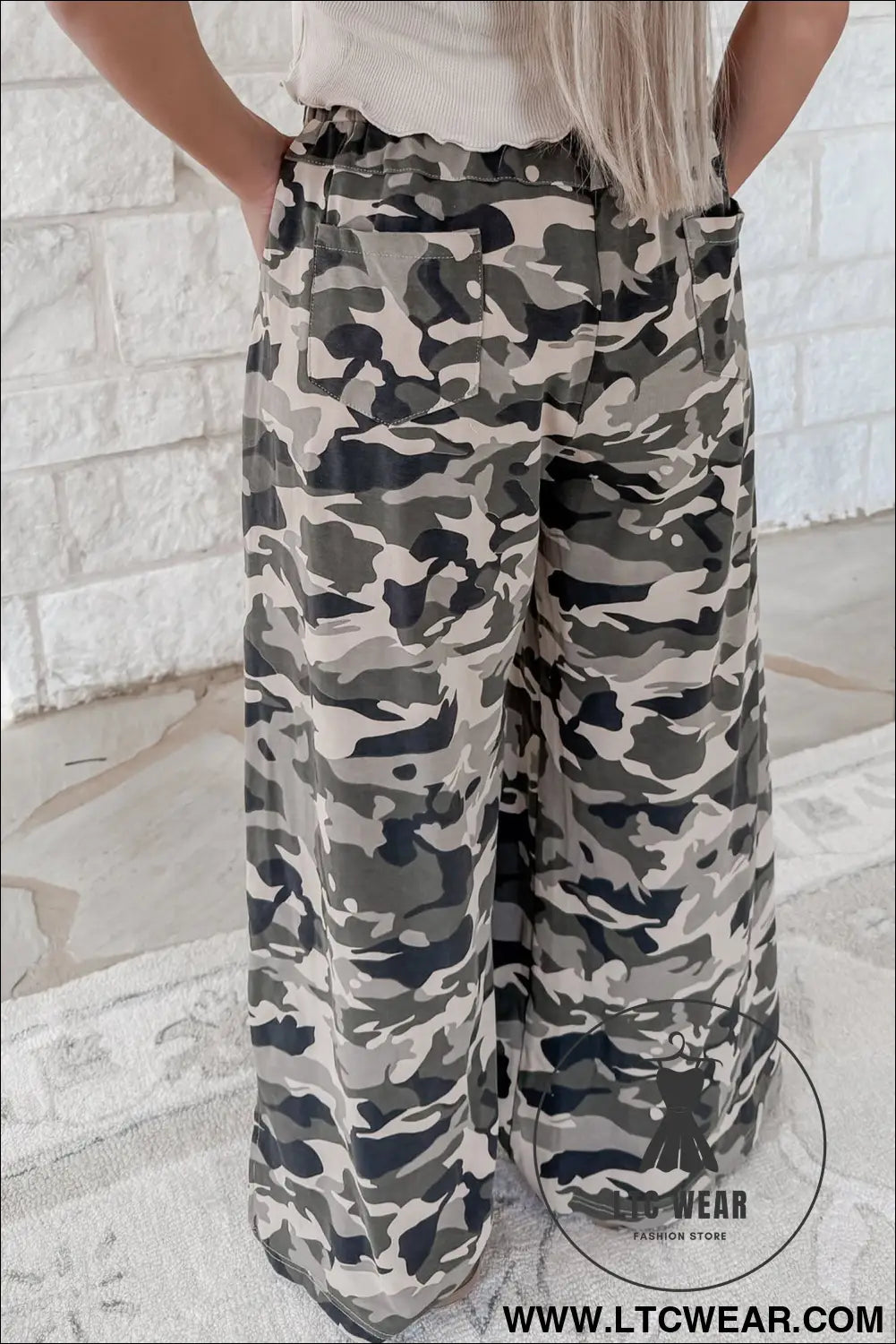 Green camouflage print drawstring casual pants - pants & culotte