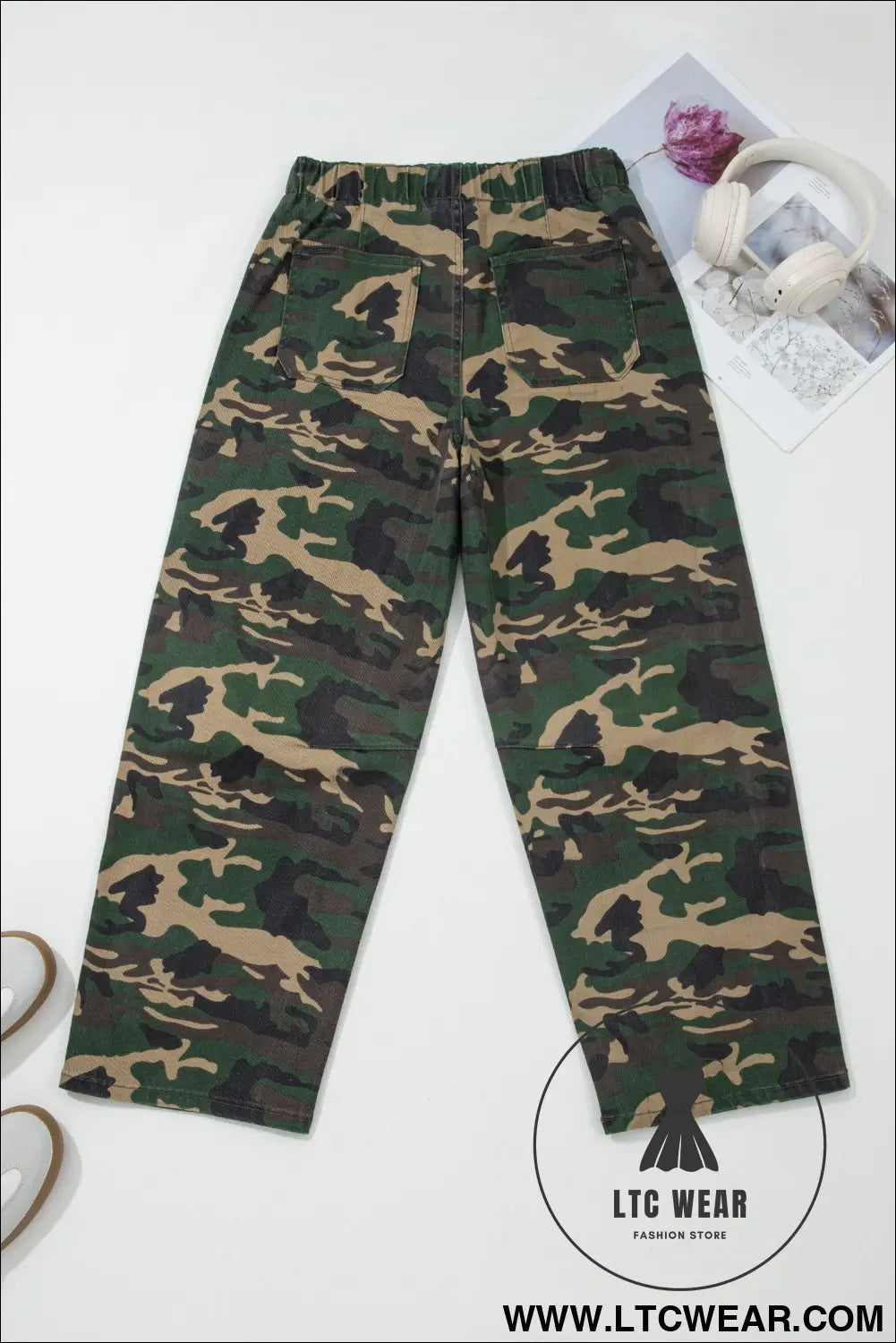 Green camouflage print drawstring patch pocket ankle length jeans - jeans
