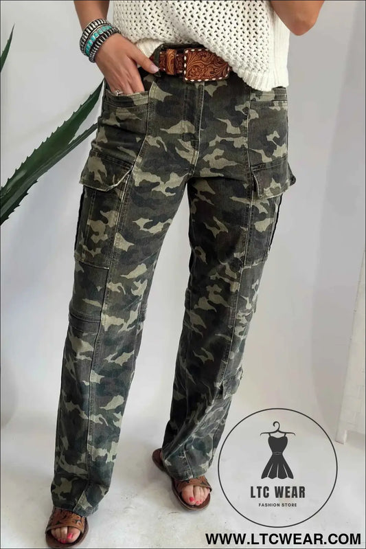 Green Camouflage Print Multi Pocketed Womens Denim Pants