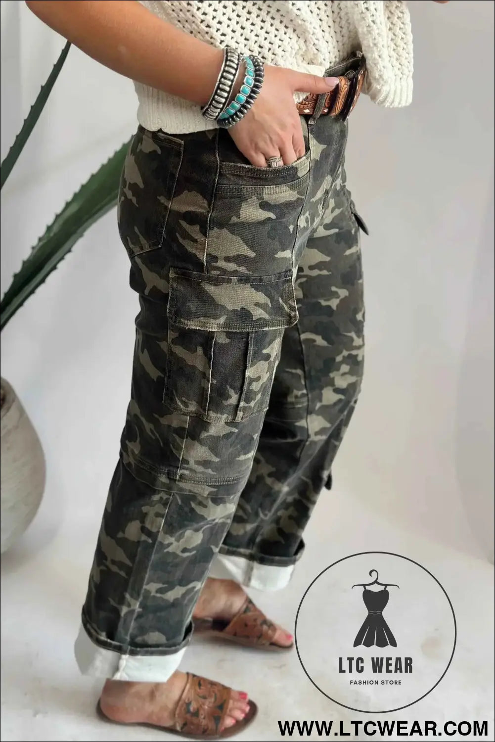 Green Camouflage Print Multi Pocketed Womens Denim Pants