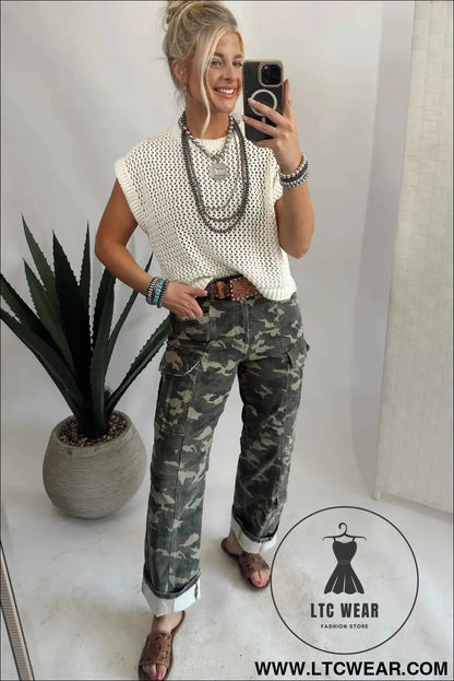 Green Camouflage Print Multi Pocketed Womens Denim Pants
