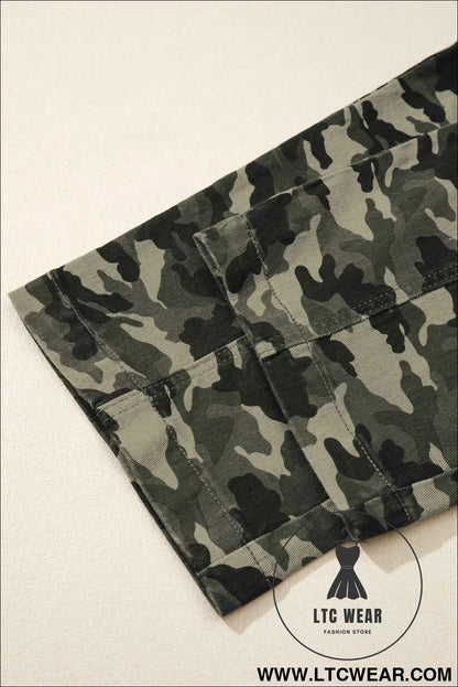 Green Camouflage Print Multi Pocketed Womens Denim Pants