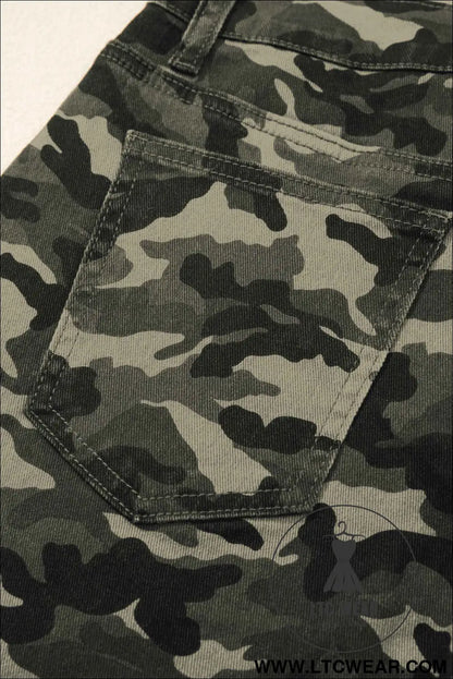 Green Camouflage Print Multi Pocketed Womens Denim Pants