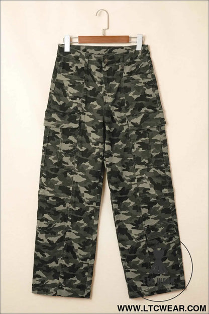 Green Camouflage Print Multi Pocketed Womens Denim Pants