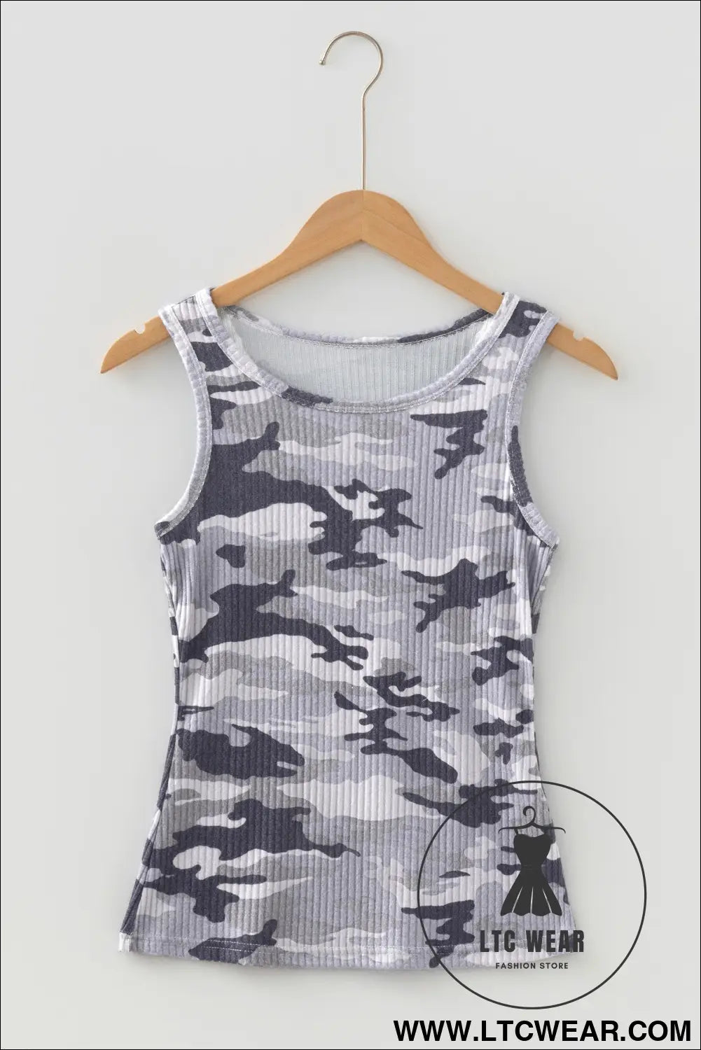 Green Camouflage Print Ribbed Knit Round Neck Tank Top - L.T.C Wear Online Fashion Store