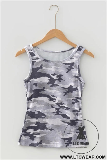 Green Camouflage Print Ribbed Knit Round Neck Tank Top - L.T.C Wear Online Fashion Store