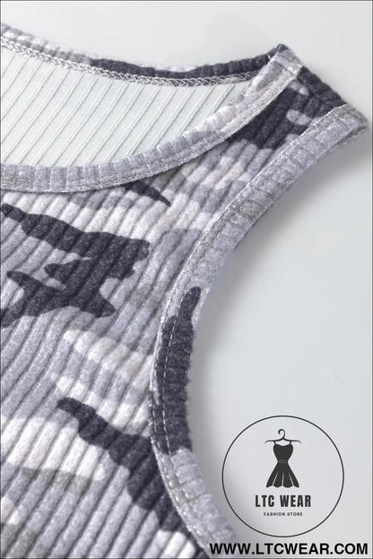 Green Camouflage Print Ribbed Knit Round Neck Tank Top - L.T.C Wear Online Fashion Store