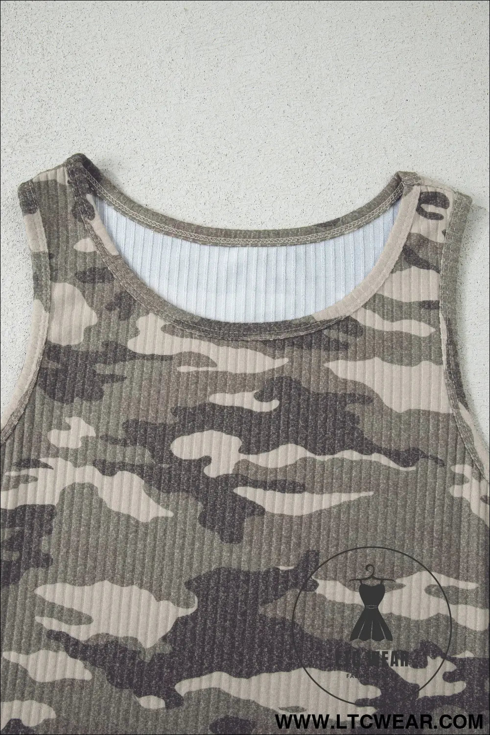 Green Camouflage Print Ribbed Knit Round Neck Tank Top - L.T.C Wear Online Fashion Store