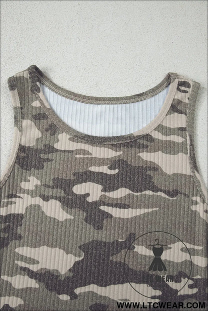 Green Camouflage Print Ribbed Knit Round Neck Tank Top - L.T.C Wear Online Fashion Store