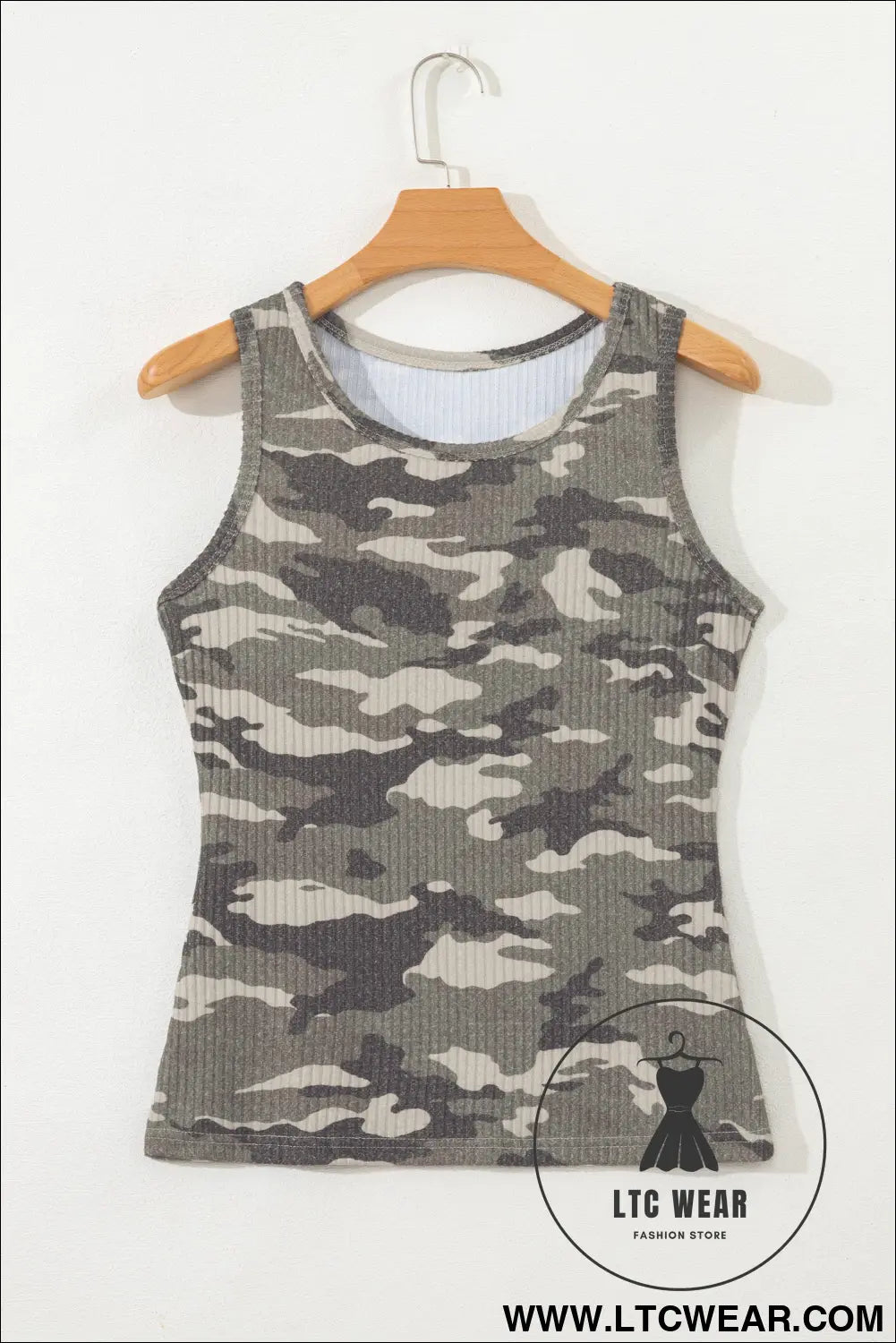 Green Camouflage Print Ribbed Knit Round Neck Tank Top - L.T.C Wear Online Fashion Store