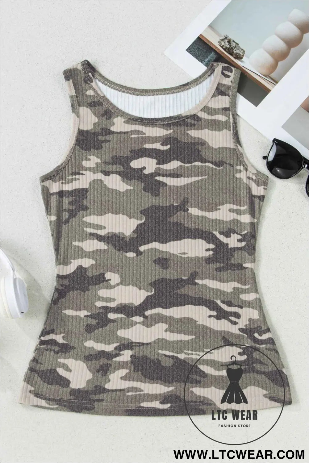 Green Camouflage Print Ribbed Knit Round Neck Tank Top