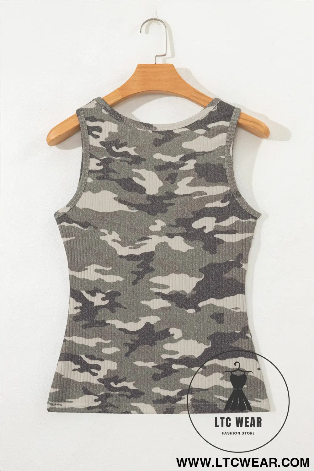 Green Camouflage Print Ribbed Knit Round Neck Tank Top - L.T.C Wear Online Fashion Store