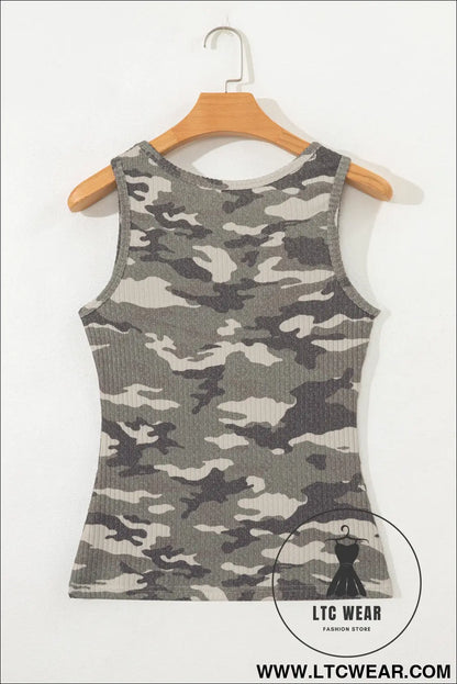 Green Camouflage Print Ribbed Knit Round Neck Tank Top - L.T.C Wear Online Fashion Store