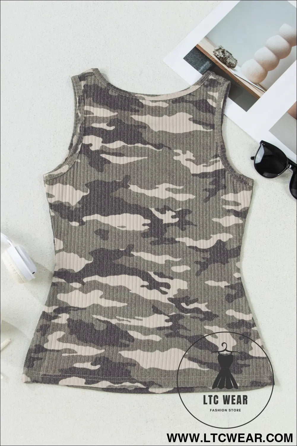 Green Camouflage Print Ribbed Knit Round Neck Tank Top - L.T.C Wear Online Fashion Store