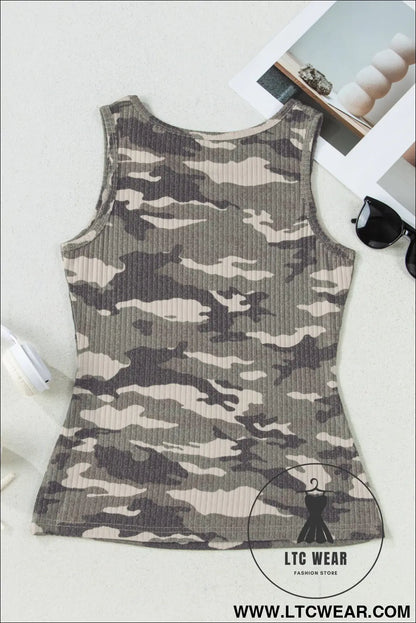 Green Camouflage Print Ribbed Knit Round Neck Tank Top - L.T.C Wear Online Fashion Store
