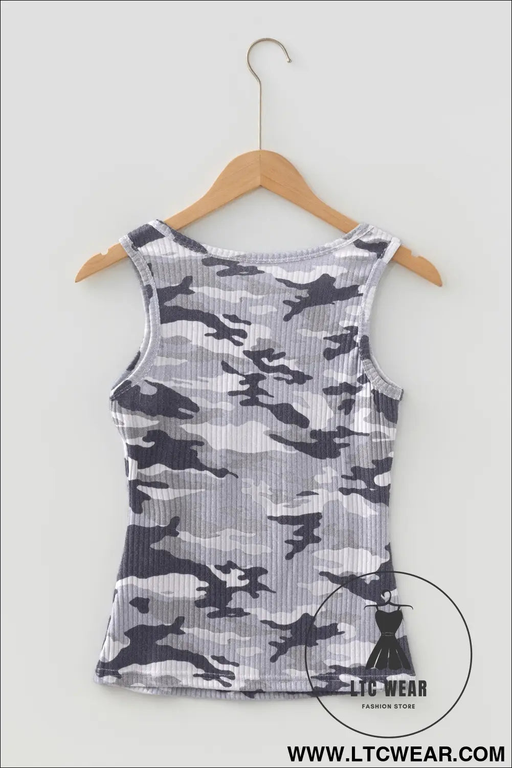 Green Camouflage Print Ribbed Knit Round Neck Tank Top - L.T.C Wear Online Fashion Store